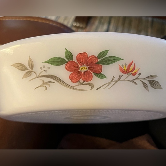 Vintage Glasbake Divided Serving Dish Pink Red Painted Flowers J-2352 RARE - Picture 9 of 9